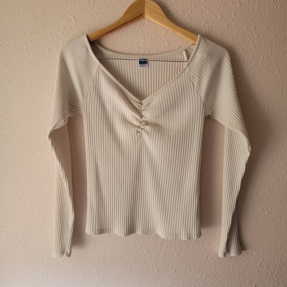 Old Navy Cream Stretchy Balletcore V-neck Long Sleeve Blouse Top Y2k White 00s